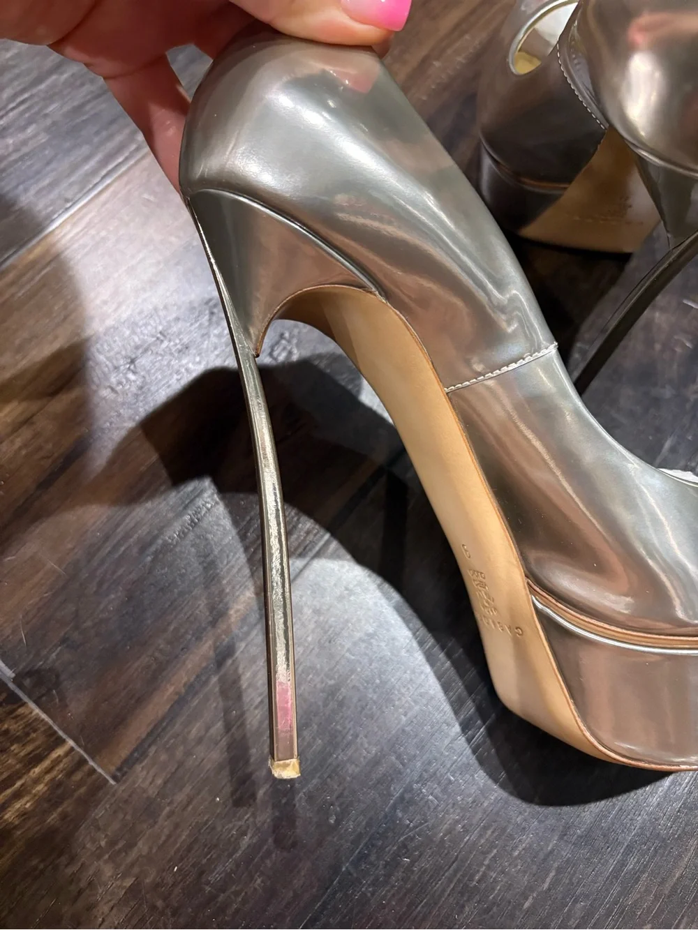 CASADEI- Metallic Silver High Heel Peep-Toe Platform Pumps